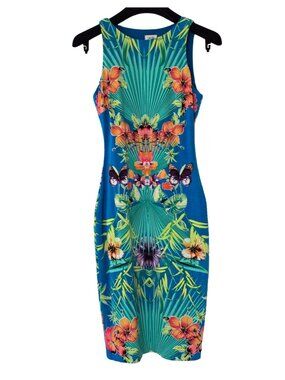 CACHE Floral Mirror Print Bodycon Dress Size XS Stretch Tropical Butterfly Lined